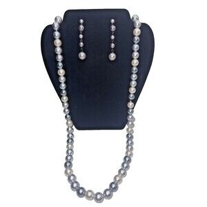 VINTAGE NWOT Pearl grey  beaded 15" Necklace and matching 2.5" earrings set